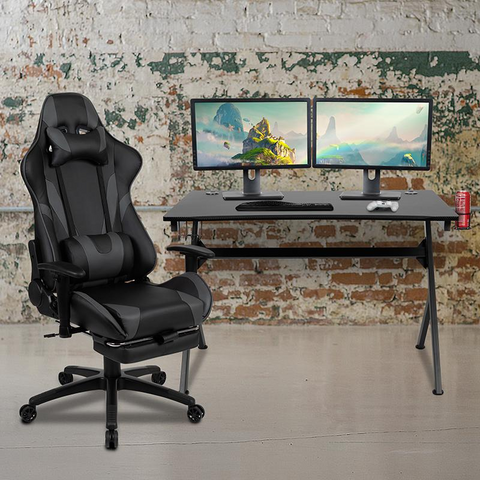 Black Gaming Desk and Gray Footrest Reclining Gaming Chair Set with Cup Holder, Headphone Hook & 2 Wire Management Holes - WhatYouNeedSales