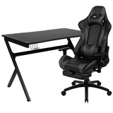 Black Gaming Desk and Gray Footrest Reclining Gaming Chair Set with Cup Holder, Headphone Hook & 2 Wire Management Holes - WhatYouNeedSales