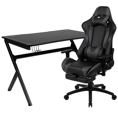 Black Gaming Desk and Gray Footrest Reclining Gaming Chair Set with Cup Holder, Headphone Hook & 2 Wire Management Holes - WhatYouNeedSales