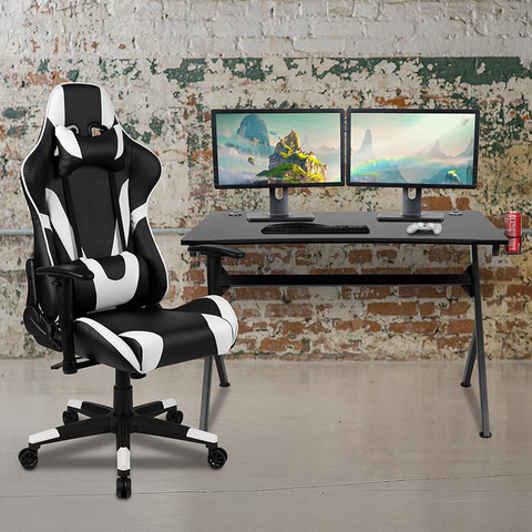 Black Gaming Desk and Black Reclining Gaming Chair Set with Cup Holder, Headphone Hook & 2 Wire Management Holes - WhatYouNeedSales