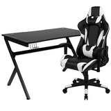 Black Gaming Desk and Black Reclining Gaming Chair Set with Cup Holder, Headphone Hook & 2 Wire Management Holes - WhatYouNeedSales