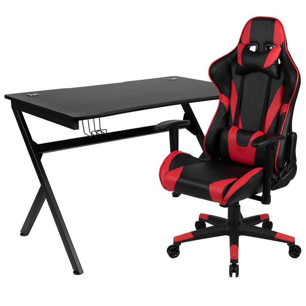 Black Gaming Desk and Red/Black Reclining Gaming Chair Set with Cup Holder, Headphone Hook & 2 Wire Management Holes - WhatYouNeedSales