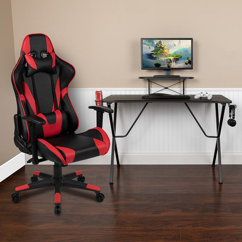 Black Gaming Desk and Red/Black Reclining Gaming Chair Set with Cup Holder, Headphone Hook, and Monitor/Smartphone Stand - WhatYouNeedSales