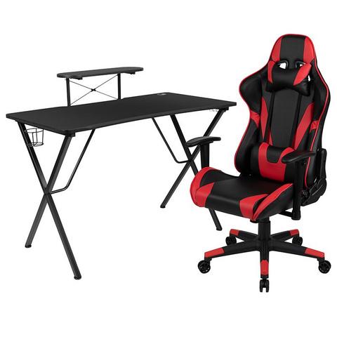 Black Gaming Desk and Red/Black Reclining Gaming Chair Set with Cup Holder, Headphone Hook, and Monitor/Smartphone Stand - WhatYouNeedSales