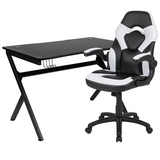 Black Gaming Desk and White/Black Racing Chair Set with Cup Holder, Headphone Hook & 2 Wire Management Holes - WhatYouNeedSales