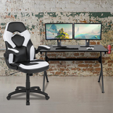 Black Gaming Desk and White/Black Racing Chair Set with Cup Holder, Headphone Hook & 2 Wire Management Holes - WhatYouNeedSales