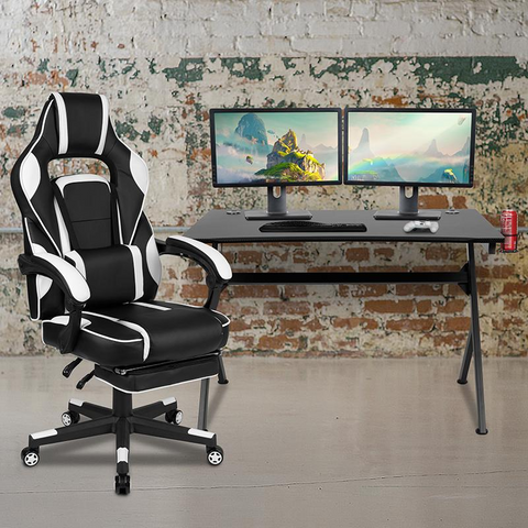 Black Gaming Desk with Cup Holder/Headphone Hook/2 Wire Management Holes & White Reclining Back/Arms Gaming Chair with Footrest - WhatYouNeedSales