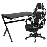 Black Gaming Desk with Cup Holder/Headphone Hook/2 Wire Management Holes & White Reclining Back/Arms Gaming Chair with Footrest - WhatYouNeedSales