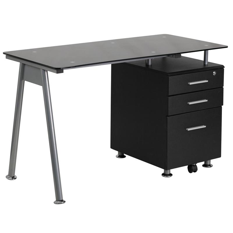 Computer Desk with Three-Drawer Pedestal in Black Glass - Ember Workspace - WhatYouNeedSales