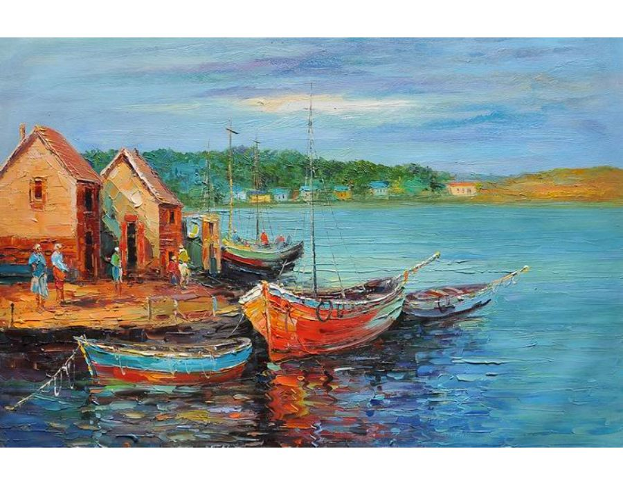 Blue Green Lake Boat Knife Art  Painting - WhatYouNeedSales