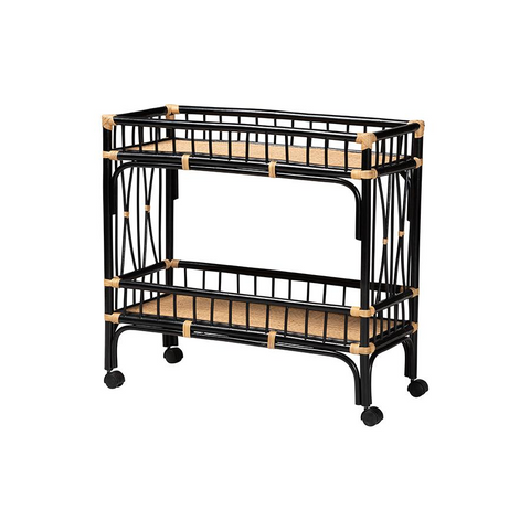 Bohemian Two-Tone Black and Natural Brown Rattan 2-Tier Kitchen Cart - WhatYouNeedSales