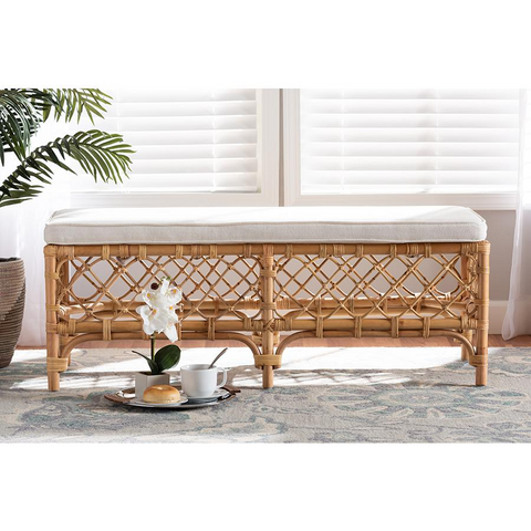 Bohemian White Fabric Upholstered and Natural Brown Rattan Bench - WhatYouNeedSales