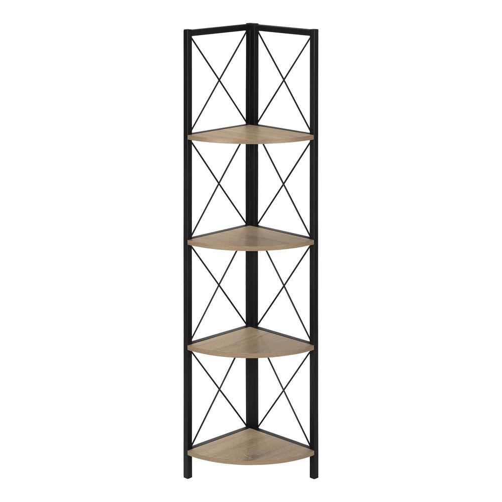 BOOKCASE - 60"H / DARK TAUPE / BLACK METAL CORNER ETAGERE - WhatYouNeedSales