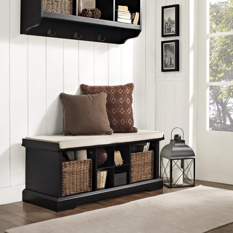 Brennan Storage Bench Black/Tan - Bench, 2 Wicker Basekets - WhatYouNeedSales