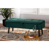 Caine Green Velvet Fabric Upholstered and Dark Brown Finished Wood Storage Bench - WhatYouNeedSales