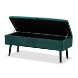 Caine Green Velvet Fabric Upholstered and Dark Brown Finished Wood Storage Bench - WhatYouNeedSales