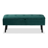 Caine Green Velvet Fabric Upholstered and Dark Brown Finished Wood Storage Bench - WhatYouNeedSales