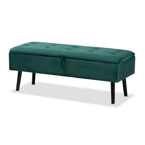 Caine Green Velvet Fabric Upholstered and Dark Brown Finished Wood Storage Bench - WhatYouNeedSales