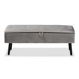 Caine Grey Velvet Fabric Upholstered and Dark Brown Finished Wood Storage Bench - WhatYouNeedSales