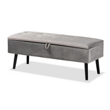 Caine Grey Velvet Fabric Upholstered and Dark Brown Finished Wood Storage Bench - WhatYouNeedSales