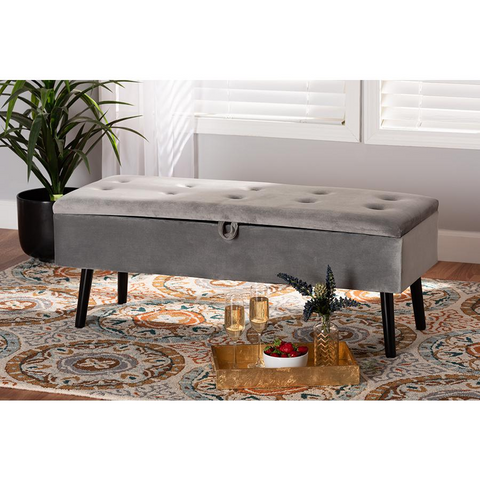 Caine Grey Velvet Fabric Upholstered and Dark Brown Finished Wood Storage Bench - WhatYouNeedSales