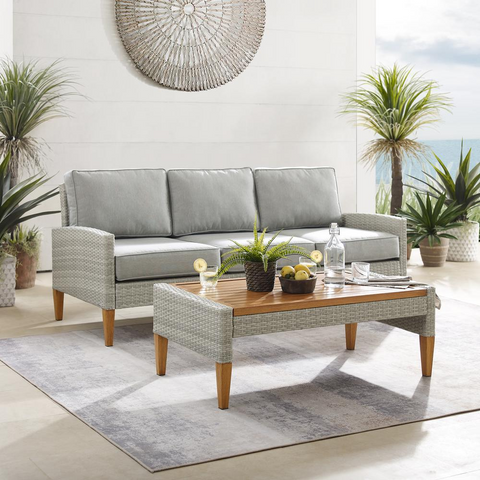 Capella Outdoor Wicker 2Pc Sofa Set Gray/Acorn - Sofa & Coffee Table - WhatYouNeedSales