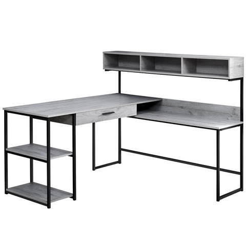 L-Shaped Computer Corner Desk with Hutch, 60" L, Grey/Black Frame - PinnacleWorkspace - WhatYouNeedSales