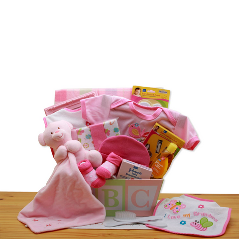 Easy as ABC New Baby Gift Basket - Pink - baby bath set -  baby girl gifts - new baby gift basket - baby gift baskets - baby shower gifts - WhatYouNeedSales