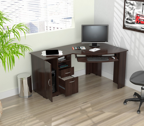 HomeRoots Espresso Finish Wood L Shape Corner Computer Desk - PinnacleWorkspace - WhatYouNeedSales