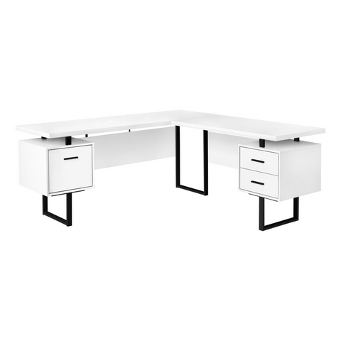 L-SHAPE COMPUTER DESK - 70" / WHITE / BLACK METAL / L/R FACE" - WhatYouNeedSales