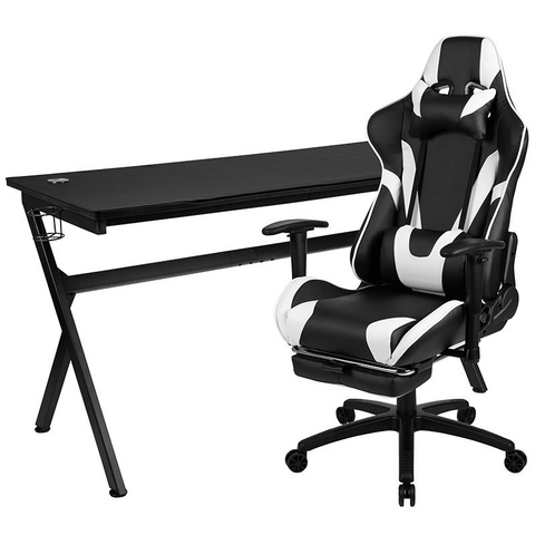 Gaming Desk and Black Footrest Reclining Gaming Chair Set - Cup Holder/Headphone Hook/Removable Mouse Pad Top/Wire Management - WhatYouNeedSales