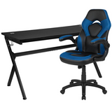 Gaming Desk and Blue/Black Racing Chair Set /Cup Holder/Headphone Hook/Removable Mouse Pad Top - 2 Wire Management Holes - WhatYouNeedSales