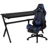 Gaming Desk and Blue Footrest Reclining Gaming Chair Set - Cup Holder/Headphone Hook/Removable Mouse Pad Top/Wire Management - WhatYouNeedSales