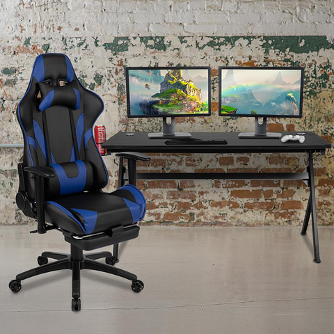 Gaming Desk and Blue Footrest Reclining Gaming Chair Set - Cup Holder/Headphone Hook/Removable Mouse Pad Top/Wire Management - WhatYouNeedSales