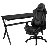 Gaming Desk and Gray Footrest Reclining Gaming Chair Set - Cup Holder/Headphone Hook/Removable Mouse Pad Top/Wire Management - WhatYouNeedSales