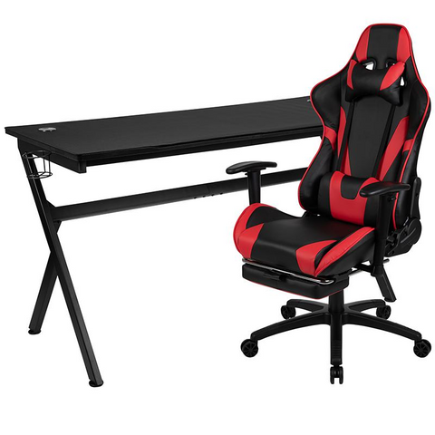 Gaming Desk and Red Footrest Reclining Gaming Chair Set - Cup Holder/Headphone Hook/Removable Mouse Pad Top/Wire Management - WhatYouNeedSales