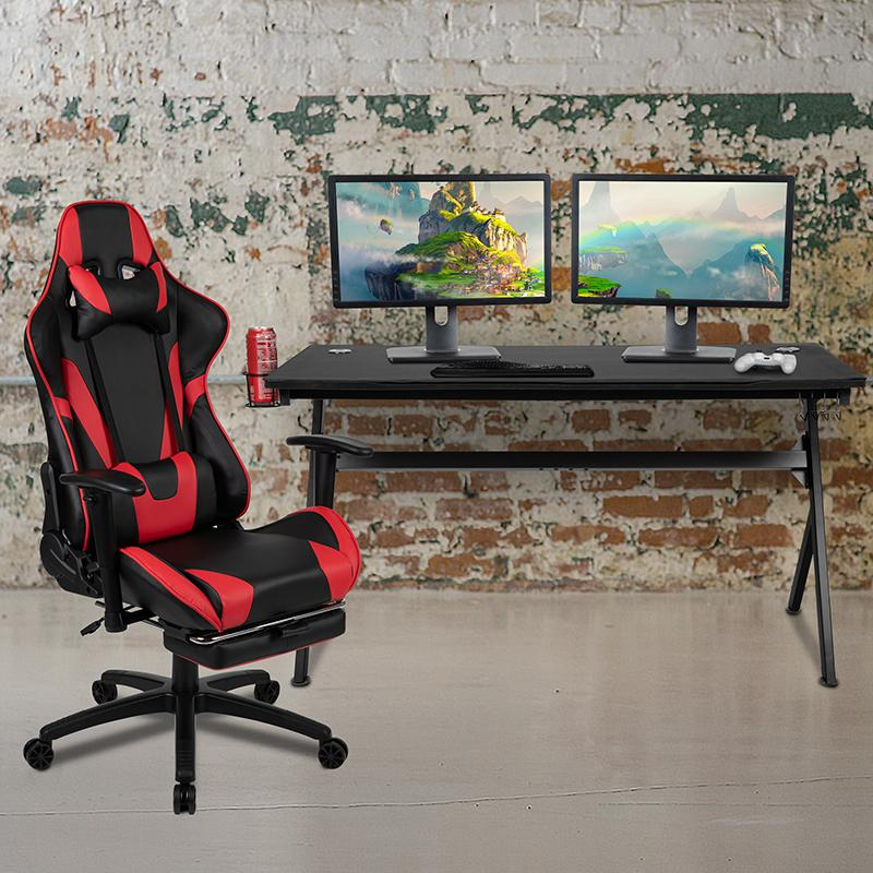 Gaming Desk and Red Footrest Reclining Gaming Chair Set - Cup Holder/Headphone Hook/Removable Mouse Pad Top/Wire Management - WhatYouNeedSales