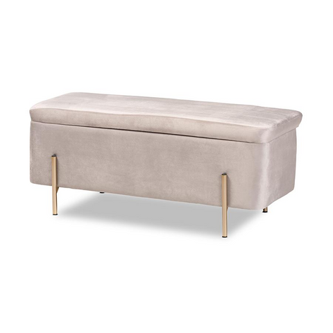 Glam and Luxe Grey Velvet and Gold Finished Metal Storage Bench - WhatYouNeedSales