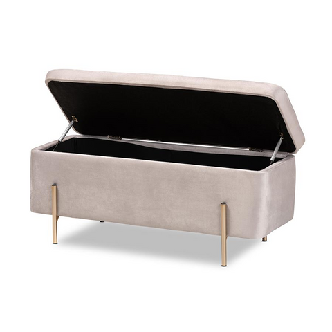 Glam and Luxe Grey Velvet and Gold Finished Metal Storage Bench - WhatYouNeedSales