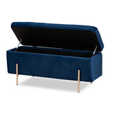 Glam and Luxe Navy Blue Velvet and Gold Finished Metal Storage Bench - WhatYouNeedSales