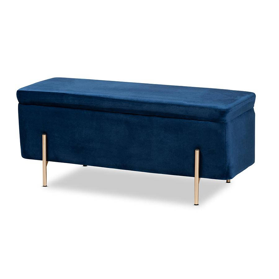 Glam and Luxe Navy Blue Velvet and Gold Finished Metal Storage Bench - WhatYouNeedSales