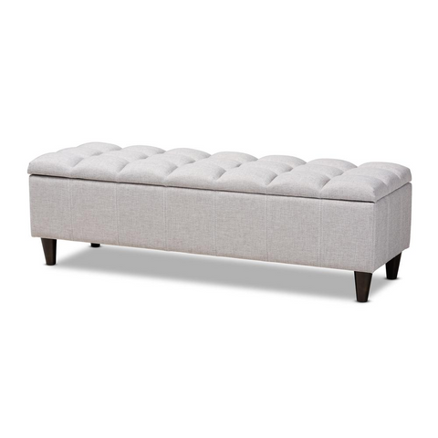 Grayish Beige Fabric Upholstered Dark Brown Finished Wood Storage Bench Ottoman - WhatYouNeedSales