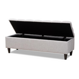 Grayish Beige Fabric Upholstered Dark Brown Finished Wood Storage Bench Ottoman - WhatYouNeedSales