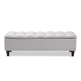 Grayish Beige Fabric Upholstered Dark Brown Finished Wood Storage Bench Ottoman - WhatYouNeedSales