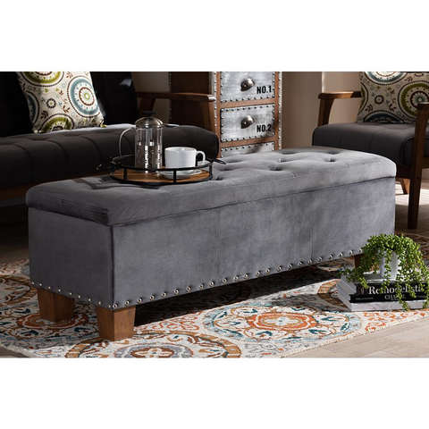 Hannah Grey Velvet Fabric Upholstered Button-Tufted Storage Ottoman Bench - WhatYouNeedSales