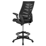 High Back Black Mesh Spine-Back Ergonomic Drafting Chair with Adjustable Foot Ring and Adjustable Flip-Up Arms - WhatYouNeedSales