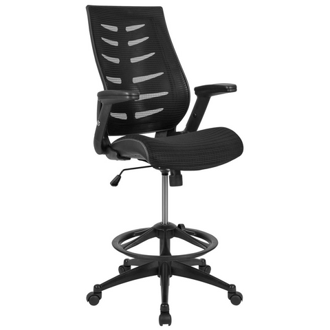 High Back Black Mesh Spine-Back Ergonomic Drafting Chair with Adjustable Foot Ring and Adjustable Flip-Up Arms - WhatYouNeedSales