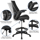 High Back Black Mesh Spine-Back Ergonomic Drafting Chair with Adjustable Foot Ring and Adjustable Flip-Up Arms - WhatYouNeedSales