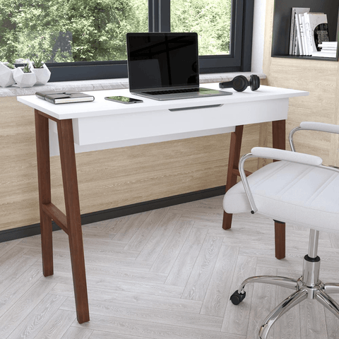 Home Office Computer Desk with Writing Drawer in White/Walnut Finish - Ember Workspace - WhatYouNeedSales