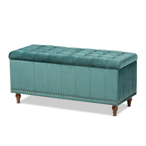 Kaylee Teal Blue Velvet Fabric Upholstered Button-Tufted Storage Ottoman Bench - WhatYouNeedSales